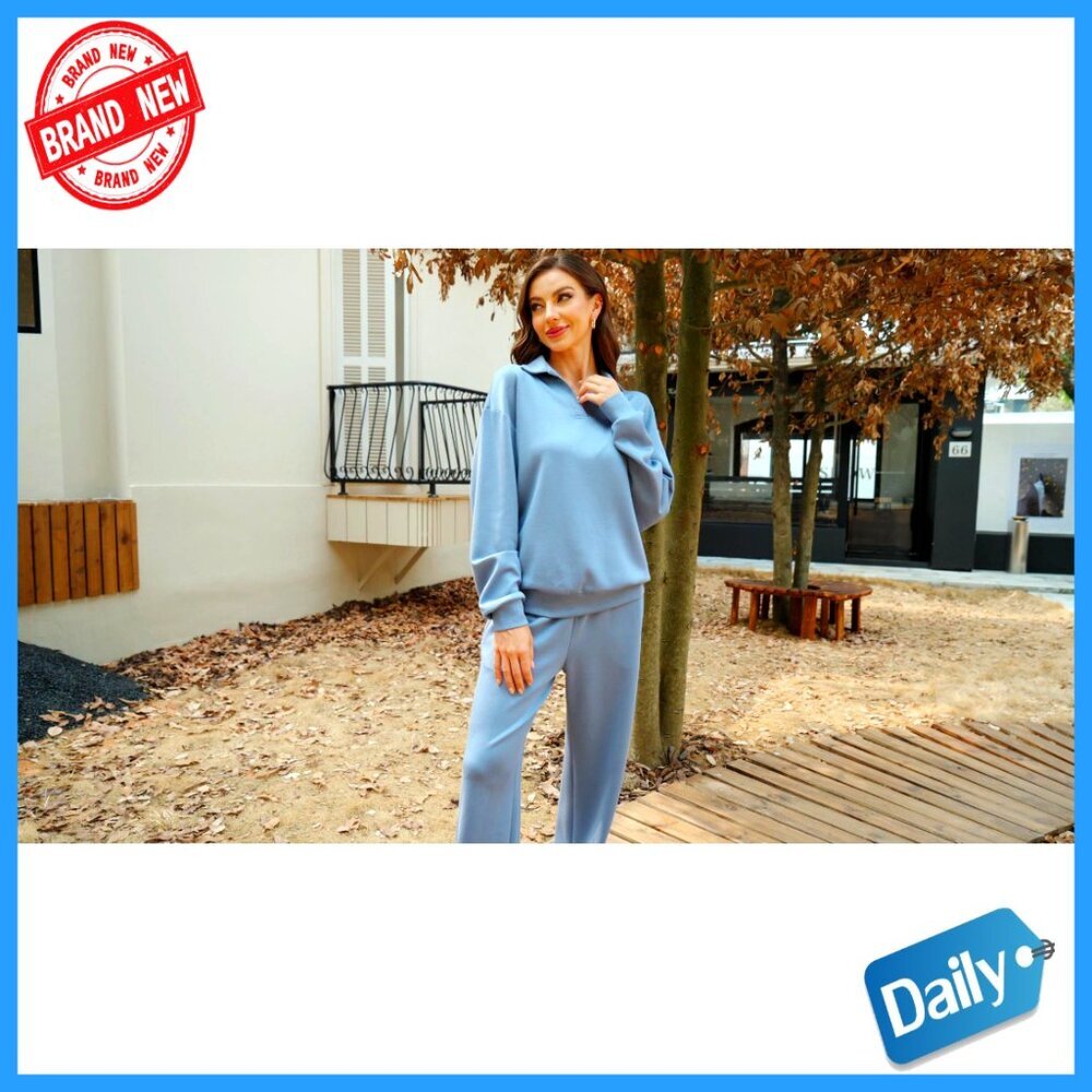 Women's 2-Piece Lounge Set Polo Collar Sweatshirt Straight Leg Sweatpants - Picture 7 of 7